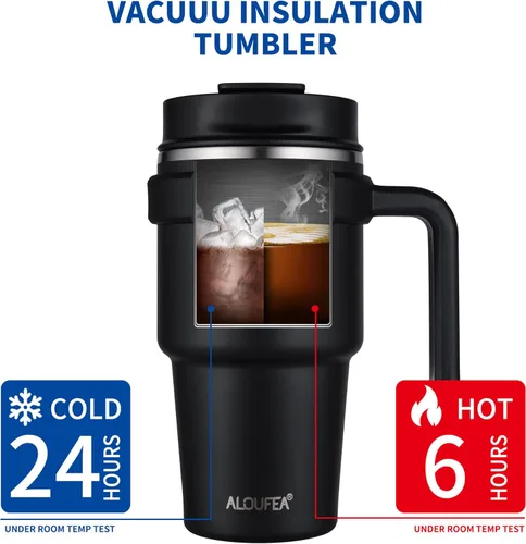 Miniatura 4 de Taza de café aislada de 20 onzas con asa, vaso de viaje de acero inoxidable con tapa y popote, taza térmica de doble pared al vacío a prueba de Negro
