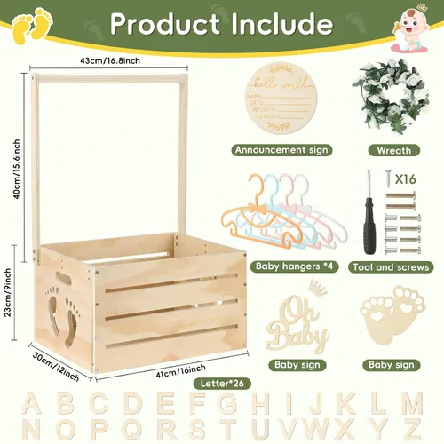 Miniatura 2 de Gran Caja de Madera para Baby Shower, Cesta Personalizable para Baby Shower con Asa y Guirnalda, Caja de Madera para Recién Nacida Niña o Niño