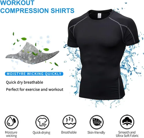 Miniatura 5 de Paquete de 3 camisetas de compresión atléticas para hombre, manga corta, camiseta de entrenamiento, camiseta deportiva fresca y seca