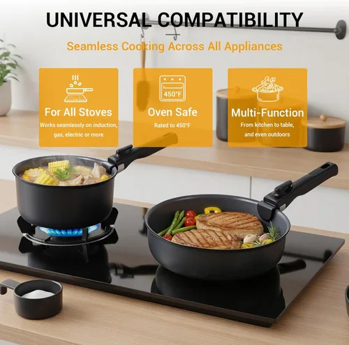 Miniatura 5 de Ammeloo Juego de 18 Piezas de Ollas y Sartenes Antiadherentes, Juego de Utensilios de Cocina de Cerámica de Inducción con Mango Desmontable, Juego