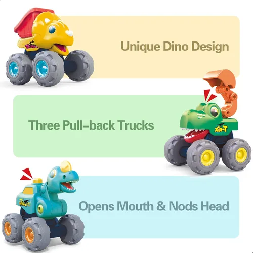 Miniatura 4 de iPlay, iLearn Juguete de camión monstruo de dinosaurio de 3 piezas, auto de tracción para bebé, camiones de construcción de dinosaurios Push Go