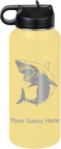 Miniatura 57 de LaserGram Botella de agua personalizada, gran tiburón blanco, acero inoxidable de doble pared aislada al vacío con popote superior, regalo grabado