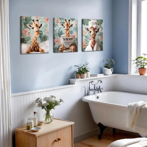 Miniatura 3 de Conjunto de 3 divertidos cuadros de animales para baño, lindas pinturas de jirafa leyendo el periódico, arte en lienzo de batas botánicas eclécticas