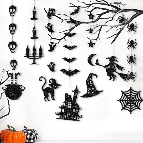 Guirnalda colgante de Halloween negra con purpurina, fantasmas, brujas, murciélagos, arañas, casa encantada, gato y más, suministros de fiesta para