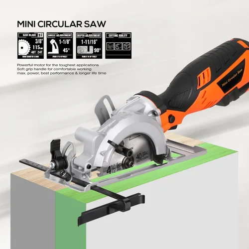 Miniatura 5 de Power Circular Saw,5.8A Mini Circular Saw,3500RPM Corded Saw Equipped with 2 Pcs 4-1/2" Blades，Maximum Cutting 1-11/16" at 90° and 1-1/8"at 45° for