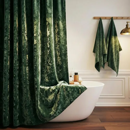 TAMGHO Cortina de ducha de terciopelo triturado, cortina de ducha de lujo verde oscuro con ganchos de metal dorado Decro, lavable a máquina, cortina