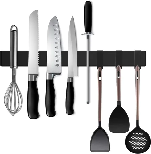 Tira magnética negra para cuchillos para refrigerador, soporte magnético de acero inoxidable de doble cara de 17 pulgadas con ganchos para