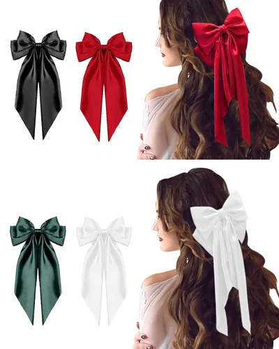 JELIEE 4 lazos para el cabello para mujer, de satén sedoso, pasadores para el cabello, pinzas para el cabello con cola larga, pinzas de metal para