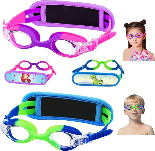Miniatura 18 de Vvinca Gafas de natación para niños con correa de tela, sin enredos, sin dolor, antivaho para piscina, sin fugas, para niños y niñas