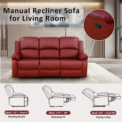 Miniatura 3 de Juego de sofá reclinable manual, muebles de cuero regenerado para sala de estar, sofás reclinables de cuero con portavasos, consola