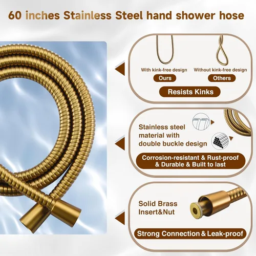 Miniatura 6 de BRIGHT SHOWERS Cabezal de ducha doble con mano, cabezal de ducha de lluvia de alta presión, manguera de acero inoxidable de 60 pulgadas, oro Oro