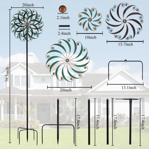 Miniatura 3 de VEWOGARDEN - Molinillo de viento grande de 20" de diámetro, escultura de viento giratoria de metal para exteriores - Arte de jardín, captadores
