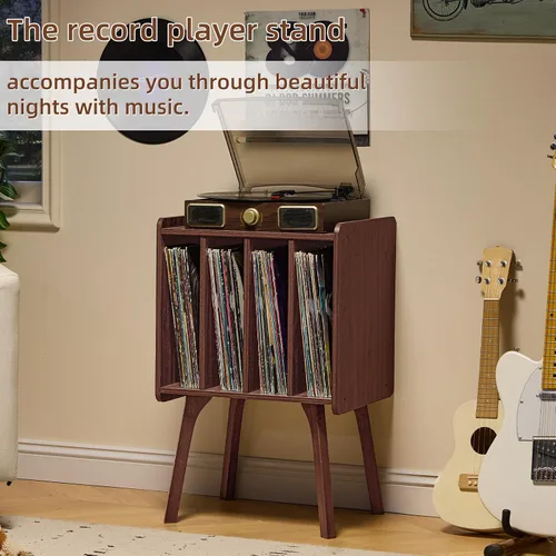 Miniatura 8 de LELELINKY Soporte para tocadiscos, mesa de almacenamiento de discos de vinilo de nogal con 4 gabinetes de hasta 100 álbumes, soporte para tocadiscos