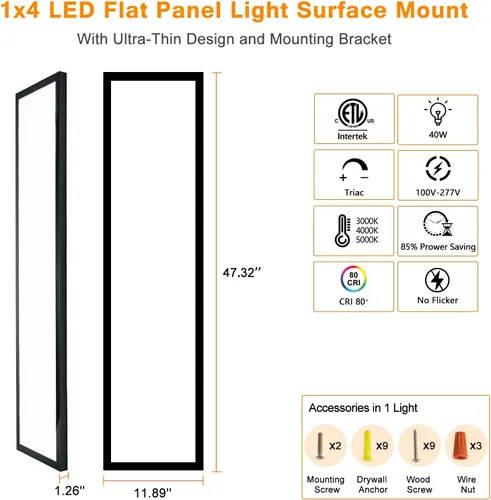 Miniatura 7 de Lámpara de panel plano LED negra de 1x4 pies, montaje en superficie, 5000K-4000K-3000K seleccionable y regulable Triac, lámpara de techo rectangular