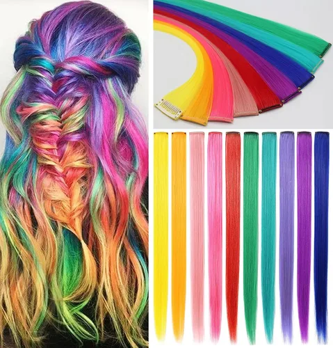 Miniatura 16 de 12 extensiones de cabello de colores rectas de 20 pulgadas, extensiones de cabello sintético con clip, color arcoíris, con reflejos, para fiesta