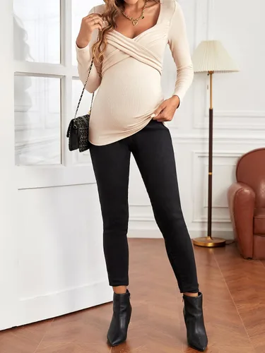 Miniatura 5 de MakeMeChic Camisas de maternidad para mujer, cuello de corazón cruzado, manga larga, acanalada, para embarazo