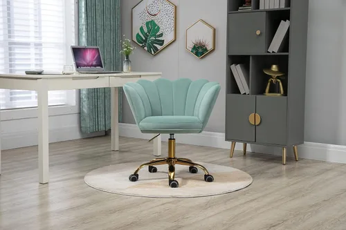 Miniatura 2 de Silla cómoda de oficina en casa con ruedas, linda silla de escritorio ajustable de terciopelo con respaldo de concha marina moderna giratoria