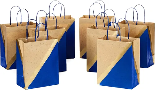 Hallmark Bolsas de regalo de papel medianas de 9 pulgadas (paquete de 8 – azul y kraft) para Hanukkah, cumpleaños, bodas, día del padre,