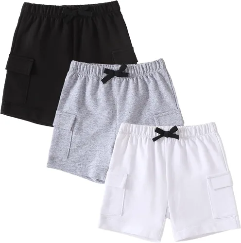 SOBOWO Pantalones cortos deportivos de verano para bebés niños y niñas, paquete de 3 unidades, pantalones deportivos de algodón sólido, pantalones