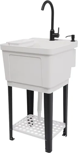 Miniatura 11 de Fregadero de plástico independiente con tabla de lavadero, lavabo para lavandería, lavabo con grifo caliente y frío para garaje, sótano, jardín