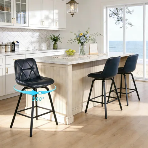 ClinQ Juego de 3 taburetes de bar giratorios de 360° de altura de mostrador de 26", asiento de cuero sintético con patrón triangular, patas de metal