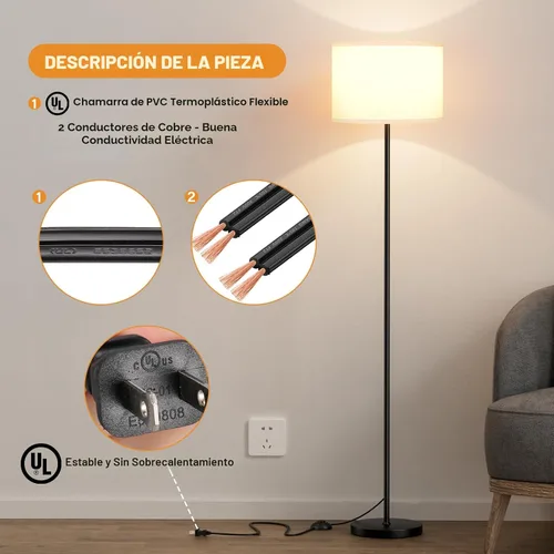 Miniatura 5 de Lámpara de pie moderna de diseño simple con pantalla blanca, interruptor de pedal, lámparas pequeñas y altas de 60 pulgadas para el hogar, A: blanco
