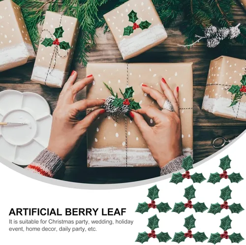 Miniatura 8 de EXCEART 100 piezas de bayas de acebo artificiales con hojas verdes de Navidad, ramas de baya de acebo, accesorios de decoración para bricolaje