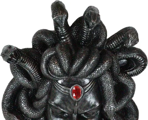 Miniatura 6 de Ebros Mitología griega Gorgona Diosa Medusa Cabeza con pelo de serpientes y frasco rojo de gema de sangre Decoración de pared Estatua de 16 pulgadas