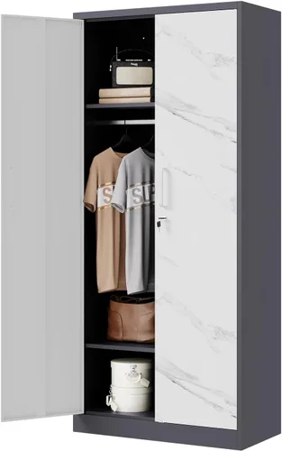 Miniatura 10 de Letaya Armario de metal con 2 cajones, armario de almacenamiento de ropa de 18 pulgadas de profundidad con puertas y estantes, armario con barra
