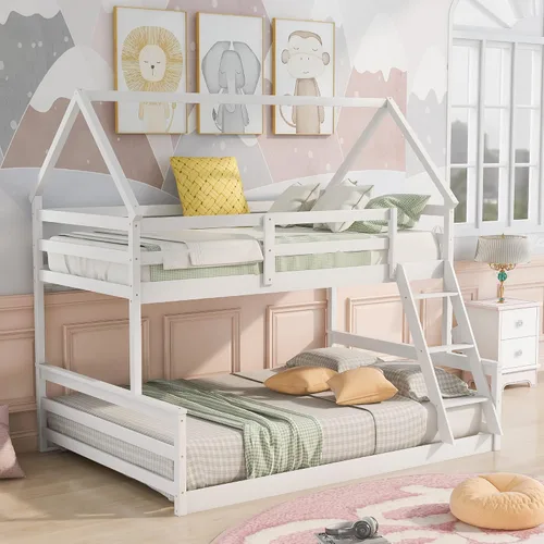 Miniatura 25 de JIVOIT Litera de madera con diseño de techo y ventanas, litera individual sobre individual con nido y escalera integrada para niños, adolescentes