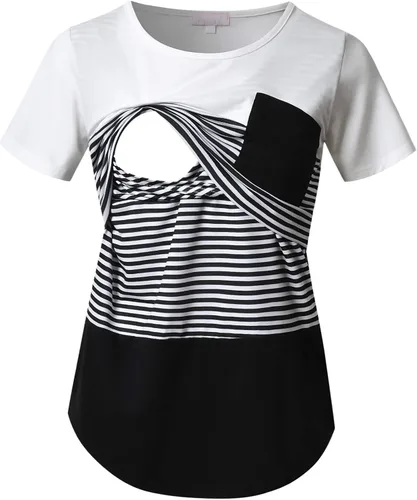 Miniatura 48 de Bhome Camiseta de lactancia con bloque de color de manga corta para lactancia materna camisa de embarazo con bolsillo