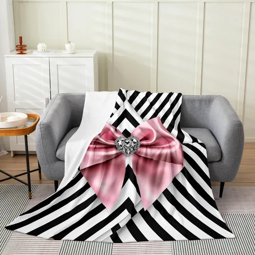 Miniatura 14 de Erosebridal Manta de franela con nudo de lazo para niñas, 40 x 50 pulgadas, diseño de rayas de diamante, para sofá cama y cama de vellón para niños
