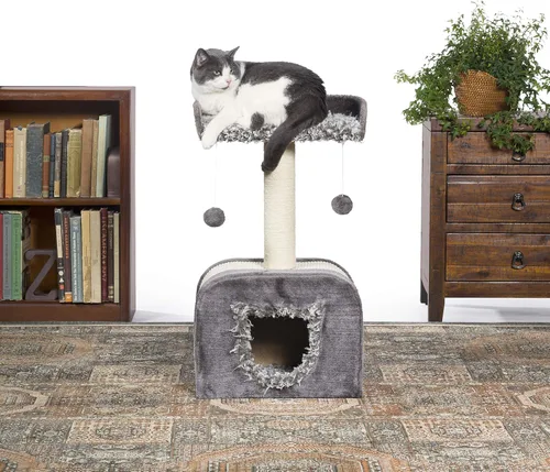 Miniatura 4 de Prevue Pet Products Kitty Power Paws Shag Hideaway - Árbol para gatos de interior y condominio con camas de felpa, perchas y poste rascador