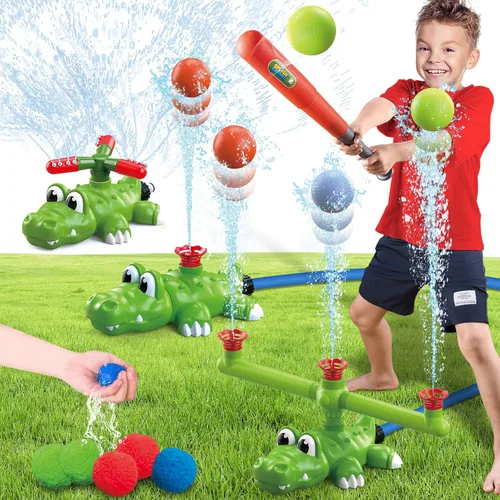 Intoypad Juego de aspersores de agua 4 en 1 para niños y juguete de bola de agua, rociador de béisbol de cocodrilo para patio trasero, juguetes de