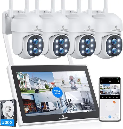 Camcamp Sistema de cámara de seguridad inalámbrica con monitor, zoom de 10x 5MP cámara de seguridad de doble lente para exteriores con visión