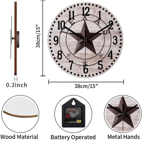 Miniatura 2 de Reloj de pared clásico de estilo rústico con estrella de Texas occidental, reloj analógico de madera silencioso sin tictac, funciona