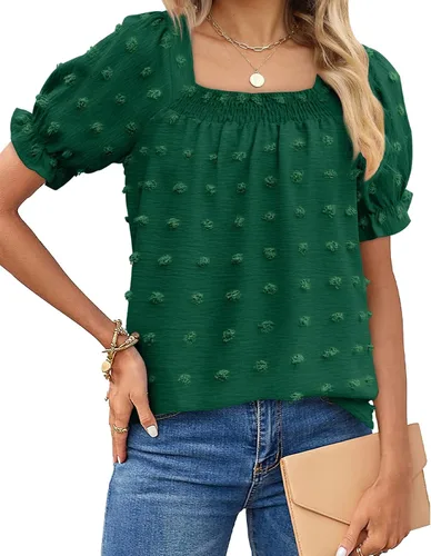Miniatura 2 de OFEEFAN Tops y blusas para mujer, cuello cuadrado, manga abombada, gasa con lunares suizos