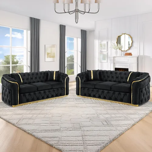 Miniatura 12 de KEIKI Sofá Chesterfield de terciopelo de lujo de gran tamaño de 81 pulgadas con decoración de acero inoxidable dorado, sofá de 3 plazas