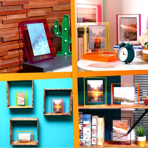 Miniatura 6 de Kathfly 4 portarretratos flotantes de 5 x 7 pulgadas para montar en la pared o en la mesa, marcos de fotos magnéticos decorativos neón translúcidos