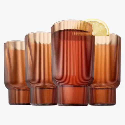Miniatura 3 de Juego de 4 vasos altos de acrílico inastillables, estilo europeo, aptos para lavavajillas, acanalados, juego de 4, tritán estriado, plástico Naranja