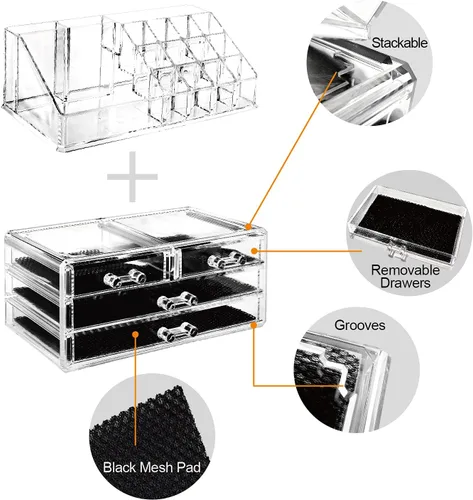 Miniatura 3 de Ikee Design Organizador de maquillaje acrílico con 4 cajones y soportes removibles para lápices labiales en la parte superior, ideal para maquillaje
