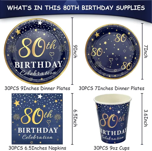 Miniatura 4 de Platos y servilletas de decoración de cumpleaños número 80 azul y dorado, servicio para fiesta de cumpleaños de 30 o 80 años, incluye platos azul