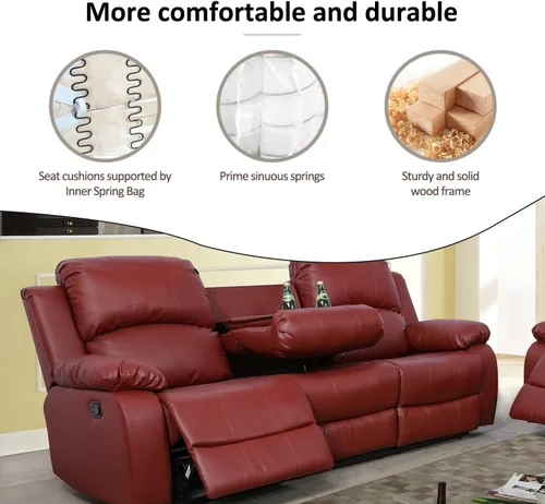Miniatura 4 de Juego de muebles de sala de estar de cuero reconstituido con sofá reclinable, juego de sofá reclinable, silla de dos cuerpos, juegos de muebles