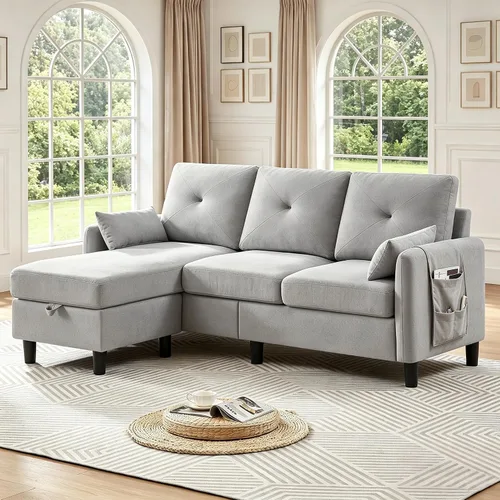 Miniatura 7 de Sofás Seccionales Convertibles de 77", Sofá en Forma de L de 3 Asientos con Chaise de Almacenamiento y Almohadas Removibles, Sofá Pequeño de Tela