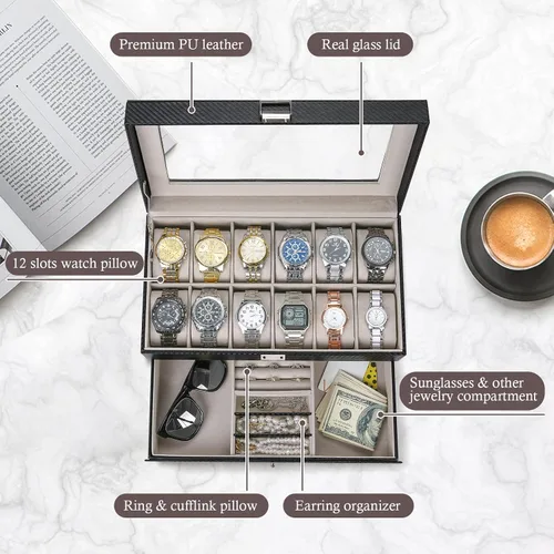 Miniatura 4 de Caja de reloj con 12 ranuras para hombres, organizador de joyas para hombre, estuche de exhibición con cajón, cajas de almacenamiento de relojes