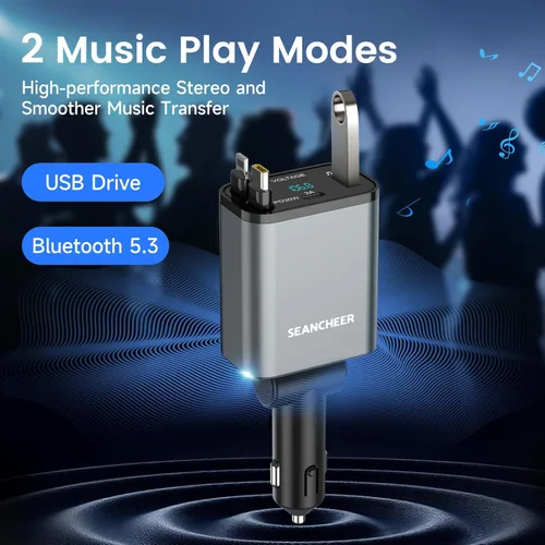 Miniatura 5 de SEANCHEER Adaptador Bluetooth para automóvil y cargador de automóvil USB C, adaptador de encendedor de cigarrillos de 69 W con 2 cables retráctiles