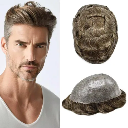 Miniatura 96 de Peluca completa de poliuretano para hombre, sistemas de reemplazo de cabello humano, piel fina y duradera, para hombre, prótesis de cabello