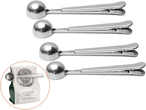 Paquete de 4 pinzas para café, cuchara medidora de café de mango largo de 6 3/4 pulgadas, cuchara medidora de café de 0.5 fl oz con clip para bolsa,