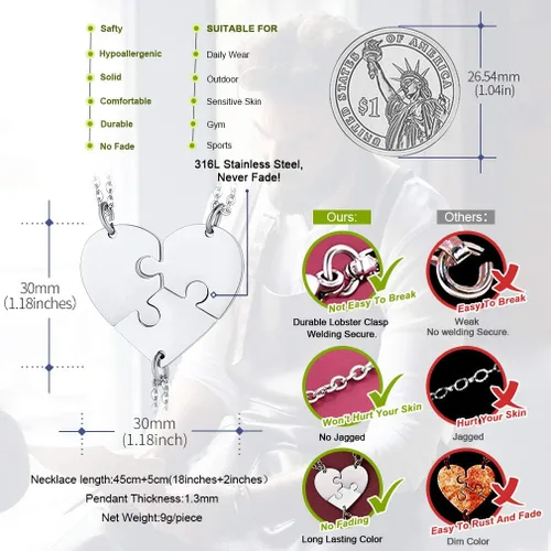 Miniatura 5 de FaithHeart BFF - Collar de costura de rompecabezas, 2345678 piezas, de acero inoxidable, con nombre personalizado, colgantes de corazón, joyería