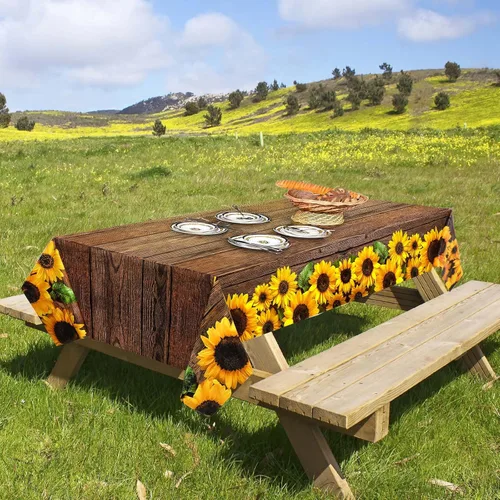 Miniatura 6 de Tegeme 1 mantel desechable con diseño de girasol de 42.5 x 70.8 pulgadas, mantel rectangular de plástico rústico vintage de grano de madera